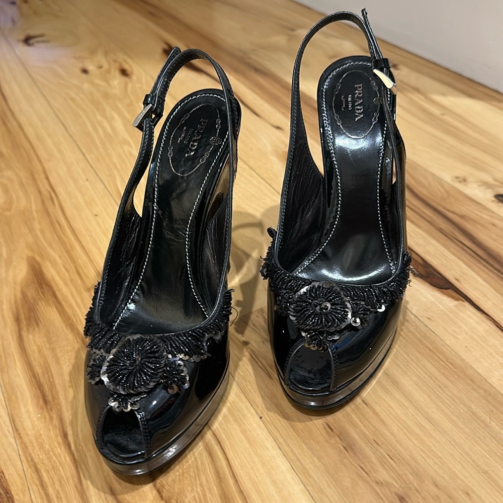 Prada embellished, black patent leather platform heels